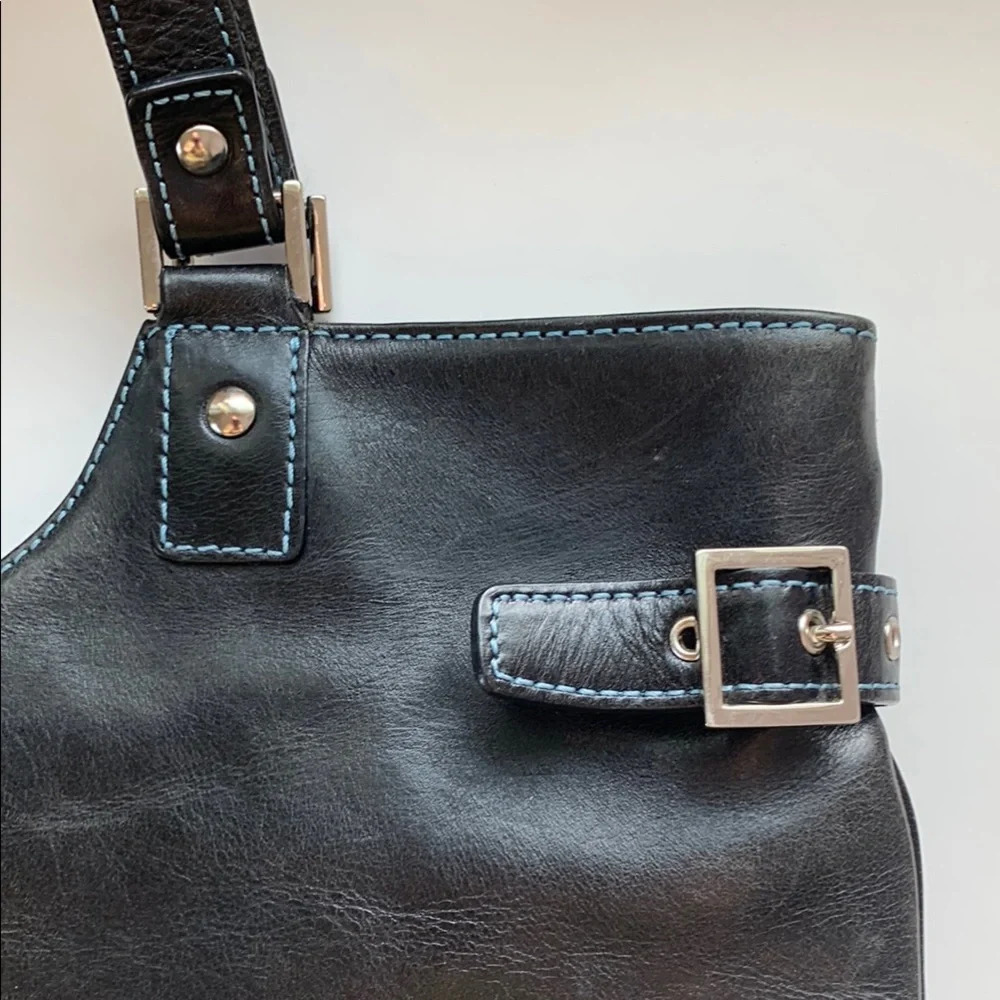 Nordstrom Black Leather Blue Stitching Casual Tote Bag Paisley Lining Lg Pockets - Picture 4 of 14